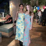 Bonnyshow Summer Print Long Beach Dress Women Fashion Lace Patchwork Slim Evening Party Dresses Sexy Spaghetti Strap Backless Sundress