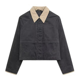 Bonnyshow Splicing Corduroy Collar Women's Jacket Casual Vintage Long Sleeve Zipper Single Breasted Jackets Fashion New Autumn Women Coat