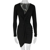 Bonnyshow Women Long Sleeves Dresses New Autumn Streetwear Fashion Folds Casual Slim Dress Black Sexy V-Neck Low Chest Elegant Lady Dress