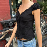 Bonnyshow  Preppy Button Down Blouse Tops Y2k Vintage Cap Sleeve Women T-shirt 00s Fairy Frill V Neck Crop Tops Milkmaid Vest