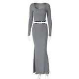 Bonnyshow Bow Tie Spliced Lace Edge Long Skirt 2 Piece Set Women Square Neck Long Sleeve Crop Top Maxi Skirt Balletcore Slim Outfit