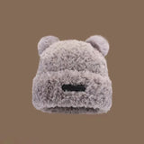 Bonnyshow Cute Bear Plush Beanie Cap Women Winter Warm Thicken Faux Fur Hat Korean Solid Color Cartoon Ears Female Skullcap Bonnet