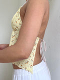 Bonnyshow  Y2K Backless Strappy Tie-up Halter Camis Floral V Neck Bustier Crop Tops Fairy Coquette Ruffle Trim Sleeveless Vest
