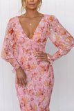 Bonnyshow  Summer Fashion New Style Women's Dress Elastic Waist Long Sleeve V-neck Printed Ruffle Edge Tight Hip Wrapping Dress