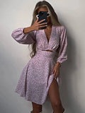 Bonnyshow  V-Neck Printed Mini Dress For Women Summe Fashion Hollow Out Elegant Long Sleeve Dress Outfits Patchwork Slin Dress