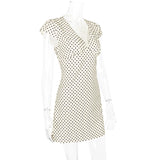 Bonnyshow  Short Sleeve V Neck Polka Dot Back Bow Tie Waist Mini Dress For Women Summer French Style Slim Casual Elegant Short Dress