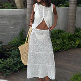 Bonnyshow  Two Piece Sets Women See Through Outifits Casual Sleeveless Print Tank Top High Waist Dress Set White Women Vacation Suit