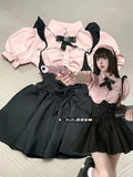 Bonnyshow Two Piece Suit Women's Kawaii Girls Pink Flying Sleeves Shirt Lacing Black Strap Dress Set Dresses   New