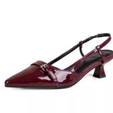 Bonnyshow  New Summer French Wine Red Pointed Patent Leather Mid-heel Overhead Sandals for Women Retro Skinny Heel Back Empty Shoes