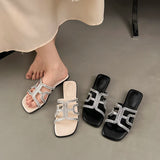 Bonnyshow  Summer New Fashion Korean Flat Bottom Slip-On Comfortable All-Match Open-Toe Soft Sole Ladies Slippers Rubber Outsole