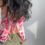 Bonnyshow  Floral Print Backless Tie Up Camis Y2k Fairy Aesthetic Crop Tops Women Coquette V Neck Tank Top Women Trendy Vest