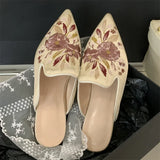 Bonnyshow  Summer Pointed Toe Women Slippers Fashion Vintage Embroidery Square Low Heels Party Dress Mules Shoes
