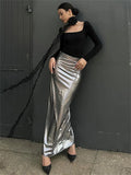 Bonnyshow  Fashion Silver Long Skirt High Waist Luxury For Women Slim Streetwear Summer Sheer Sexy High Street Outfits Maxi Skirts