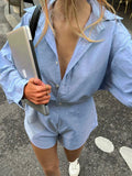 Bonnyshow  Chic Blue Loose Shirt Jumpsuit Long Sleeve Turn Down Collar Button Up Shorts Playsuits Streetwear Casual Harajuku Suits