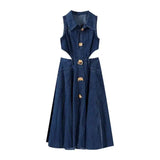Bonnyshow  Lapel Hollowed Out Women Jeans Dresses Sexy Stand Collar Metal Button Open Waist Sleeveless Split Spring Autumn Lady Denim Dress
