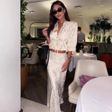 Bonnyshow  Elegant Tie Dye Print Women Top Skirt Set Urban V-neck Long Sleeve Shirt Hip Package Skirts 2025 Summer Fashion Lady Suit