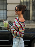 Bonnyshow  Y2k  Sweater Vintage Rainbow Striped Pullover Slanted Collar Fashion Knitted Jumper Long Sleeve Early Autumn Female Knitwear