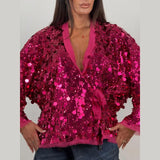 Bonnyshow  Retro Large Sequins Lace Up Shirt Women Fashion Glitter Loose Solid V-neck Open Shirts Coat Female 2025 Chic Street Outwear