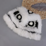 Bonnyshow Stylish Crochet Bucket Hat Women Winter Rabbit Fur Warm Cute Plush Cap Big Head Casual Knitted Fisherman's Caps Fashion Panama