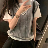 Bonnyshow  Women Patchwork V-neck Knit Sweater Vest Sleeveless Rib Preppy Style Pullover Casual Sweater Vest For Women 2024 Autumn