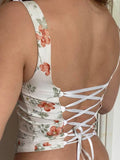 Bonnyshow  Fashion Bandage Skinny Floral Prints Women Camisole Tops Square Neck Sweet Backless Blouses