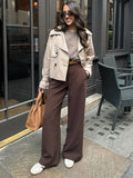 Bonnyshow Casual Loose Turndown Collar Women's Jacket Solid Color Double Breasted  Short Jackets Simple Fashion Vintage Autumn Women Coat
