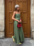 Bonnyshow  Green Sleeveless Pleated Strapless Midi Dress Women's Elegant Off Shoulder High Waist Vestidos 2025 Summer Vacation Street Gowns