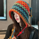 Bonnyshow Rainbow Knitted Hat for Women Autumn Winter Ear Protection Beanies Handmade Colorful Tassel Ball Ladies Bomber Hats