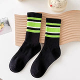Bonnyshow Colorful Striped Socks for Women Spring Summer Breathable Cotton Sport Sock Korean Solid Color Lady Middle Tube Socks