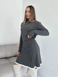 Bonnyshow  Fashion Polo Collar Cable Knitted Contrast Skirt Sets Elegant Long Sleeves Tops A-line Skirts Suit Female New Street Outifts