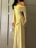 Bonnyshow  Solid Off Shoulder Asymmetric Straps Maxi Dress Long Sleeve Fitted Patchwork 2025 Summer Elegant Vestidos Chic Party Lady Robe