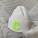 Bonnyshow Unisex Winter Knitted Hat Big C Letter Simple Beanie Cap Korean Version Skullies Beanies Soft Hip Hop Casual Bonnet Caps