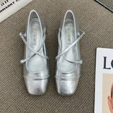 Bonnyshow  Medium Heeled Mary Jane Single Shoes   New Women Shoes Retro Thick Heeled Ballet Shoes Cross Buckle Shallow Soft Sole Shoe