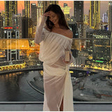 Bonnyshow  Sexy See Through Lace Women Dress Party Long Flare Sleeve Slash Neck Split Female Dresses 2025 Spring Summer Club Lady Robe