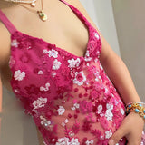 Bonnyshow  Sexy Sequin Embroidery Halter Top Women Delicate Floral Pattern Exquisite Mesh Tanks Female 2025 Summer Beach Vacation Lady Vest