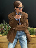 Bonnyshow Vintage Brown Women's Jacket Classic Casual Turndown Collar Jackets Autumn Winter Fashion Women Coat Retro Solid Color Outerwear