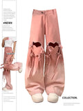 Bonnyshow Women's Pink Jeans Baggy Harajuku Aesthetic Hollow Out Denim Trousers Y2k Wide Jean Pants Vintage 2000s Trashy Oversize Clothes