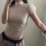 Bonnyshow  Shirred Slim Waist Top Summer Sexy Translucent Turtleneck Mesh T-shirt Polka Dot Printed Short Sleeve Tops Streetwear