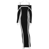 Bonnyshow Autumn Winter Maxi Dress for Women Fashion Patchwork Slim Evening Party Dresses Sexy Off The Shoulder Backless Dress