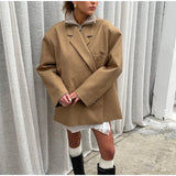 Bonnyshow Turndown Collar Off-center Button Women Coats Fashion Vintage Coat Solid Color Loose Casual Women‘s Coat Side Slit Outerwears