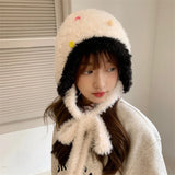 Bonnyshow Winter Plush Knitted Hat for Women Korean Colorful Button Beanie Cap Outdoor Thicken Warm Coral Fleece Ear Protection Hats