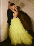 Bonnyshow Stunning Yellow Ruched Tulle Evening Dresses Sexy Halter Open Back Puffy Tutu Tulle Bridal Dresses Engagement Party Gowns