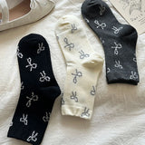 Bonnyshow 3 Pairs Y2K Bow Socks for Girls Kawaii Cotton Middle Tube Socks Spring Summer Korean Solid Color Print Lolita Socks