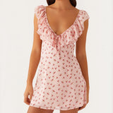Bonnyshow  Women Backless Mini Dress Sexy Sleeveless Ruffle Shoulder Short Dress Floral Print Low Cut Tie Back A-line Dress