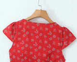 Bonnyshow  Sexy Red Floral Print Ruched Chest Deep V neck Short Sleeve Mini Dress Woman Tie Bow Sashes A-lined Dresses Femme Vestidos