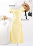 Bonnyshow  Summer Women's Korean Graceful Square Collar Slim Dress Lady Fashion Joker Solid Long Short Sleeve Dresses 2025 New Clothing