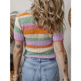 Bonnyshow  Women Summer Single Breasted Striped V Neck Knitted Sweater Caridgan Hollow Out Short Sleeve Sweet Temperament Slim Top Casual