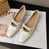 Bonnyshow  Women's Flat Shoes Thick Heeled Square Head Fashion Sweet Single Shoes Bow Elegant Commuter Small Leather Shoes