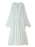 Bonnyshow  Boho White Maxi Dress For Women Long Sleeve V Neck Ruffle Elegant Beach Dresses Loose Fit Summer Robe Casual Dress