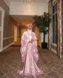 Bonnyshow Arabic Muslim Pink Long Robe Ruffles Trimmed A-line Modest Evening Dresses With Hoddies kaftan Full Sleeves Evening Gowns